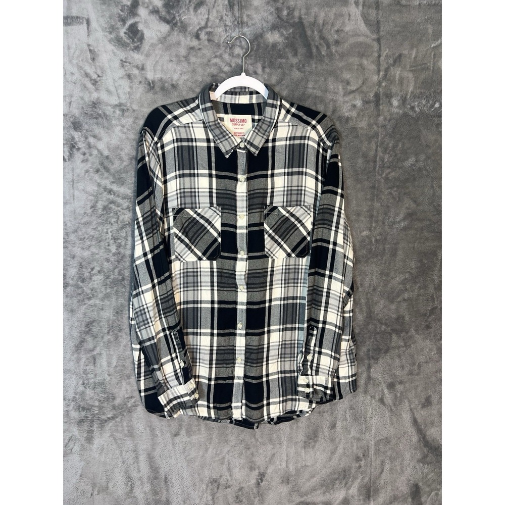 Mossimo Supply Co Plaid Button Down Shirt XXL Black White Boyfriend Fit Flannel